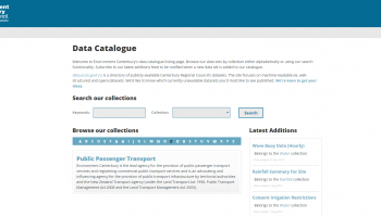 Screenshot of ECan's open public transport data homepage.