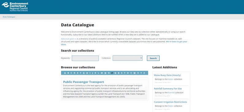 Screenshot of ECan's open public transport data homepage.