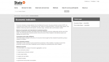Screenshot of the economic indicators homepage on the Stats NZ website.