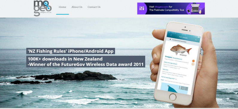 Screenshot of the Mogeo homepage, featuring the NZ Fishing Rules app.