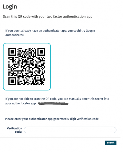 screenshot of two factor authentication first time setup
